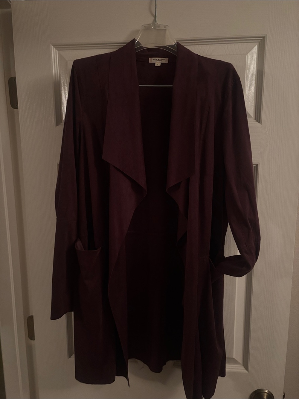 Max Studio Draped Open Front Trench Coat in Plum